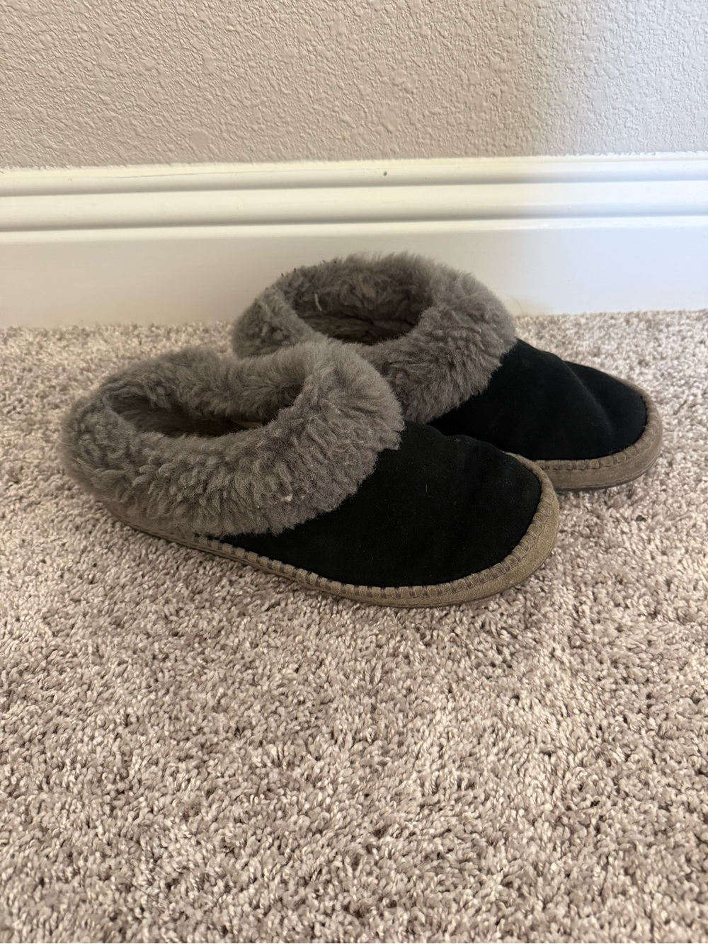 UGG Black Suede Slip-On Slippers with Gray Shearling Collar
